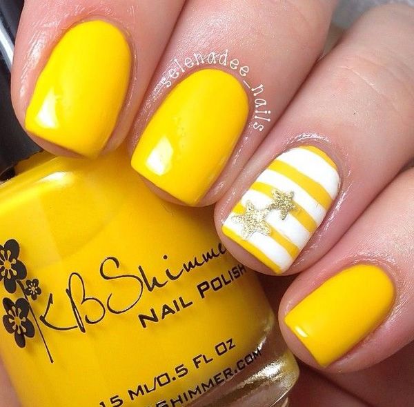 White Accent Nail With Yellow Stripes And Stars Design Nail Art