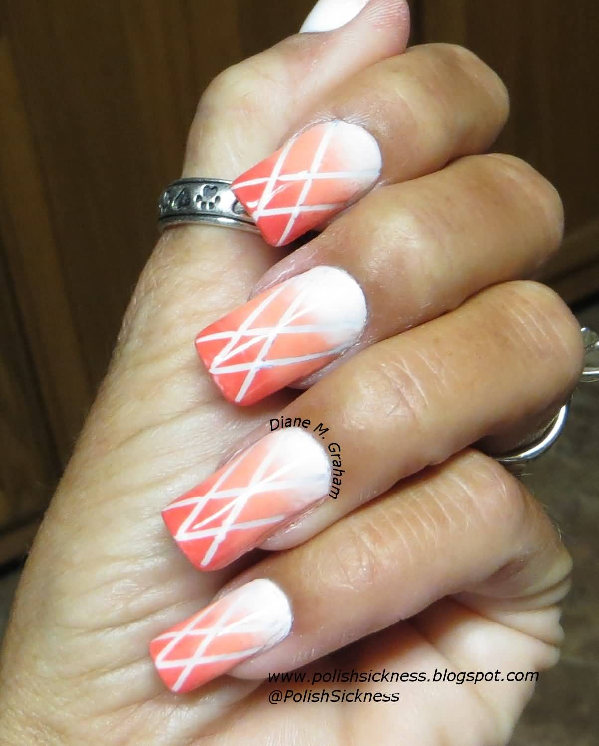 White And Peach Gradient With Lines Design Nail Art