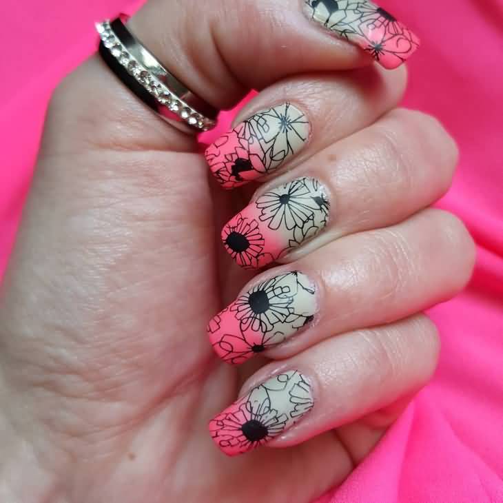 White And Pink Gradient With Flower Stamping Design Nail Art