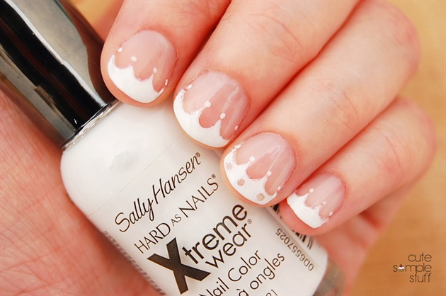 White Crown Tip On Nude Nails Short Nail Art
