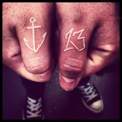 White Ink Anchor Thirteen Number Tattoos On Both Thumbs