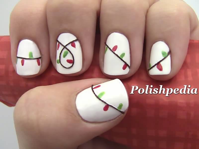 White Matte Nails With Christmas Lights Nail Art Idea