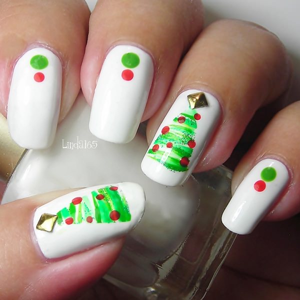 White Matte Nails With Green And Red Christmas Tree Nail Art