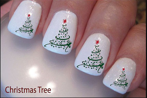 White Nails And Christmas Tree Nail Art