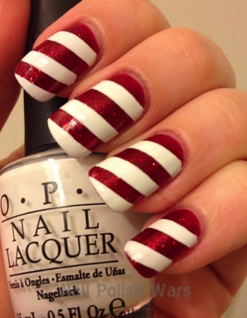 White Nails And Red Stripes Christmas Nail Art