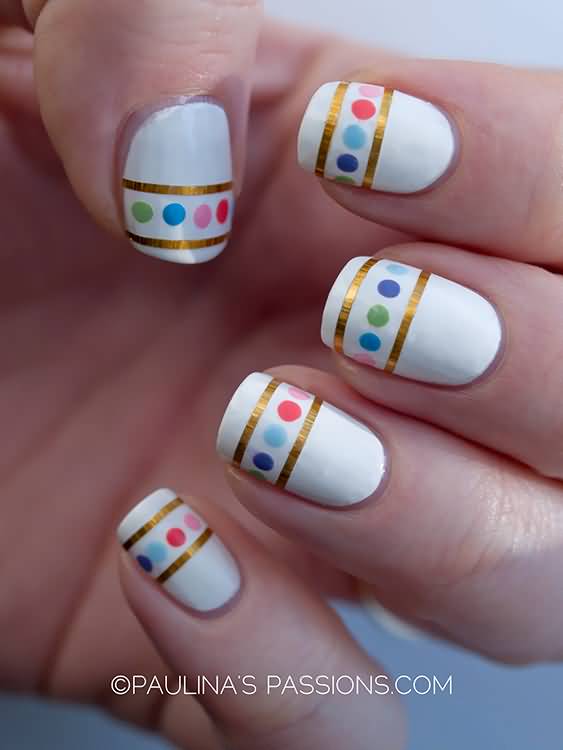 White Nails With Gold Striping Tape Nail Art With Colorful Polka Dots Design
