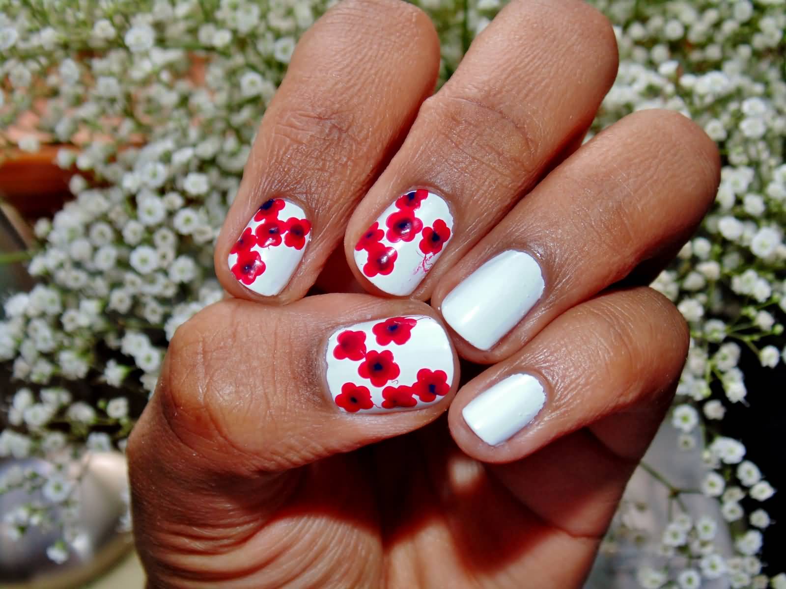 White Nails With Red Flowers Design Nail Art