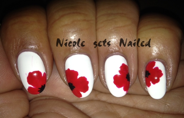 White Nails With Red Flowers Nail Art