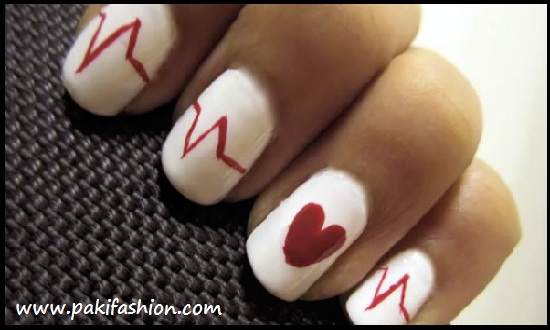 White Nails With Red Heart Beat Nail Art