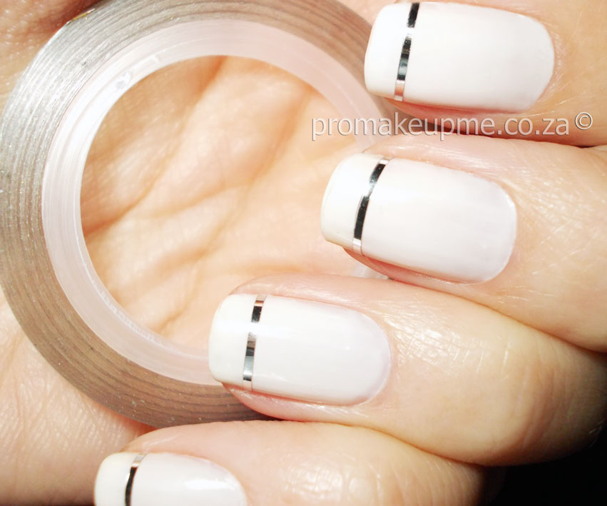 White Nails With Silver Metallic Striping Tape Nail Art