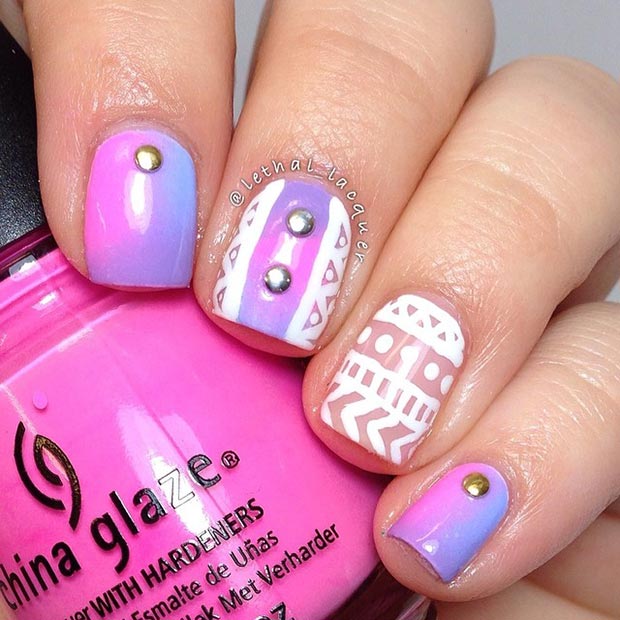 White Negative Space With Purple And Pink Gradient Short Nail Art