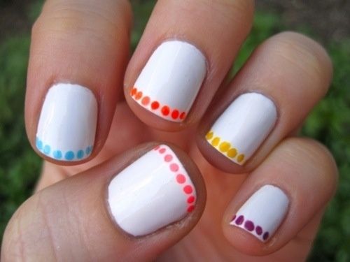 White Short Nails And Colorful Tip Design Nail Art
