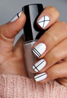 White Short Nails With Black Lines Design Idea