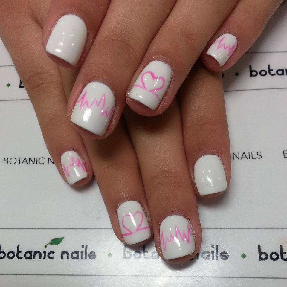 White Short Nails With Pink Heart Beat Nail Art Design