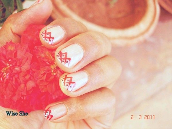 White Short Nails With Red Design Nail Art