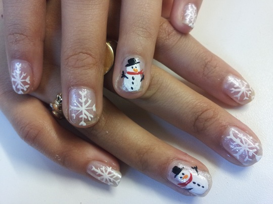 White Snowflakes And Snowman Design Christmas Nail Art