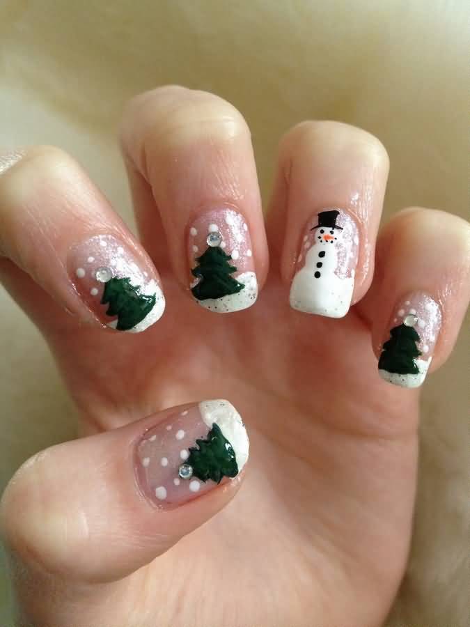 White Snowman And Green Christmas Trees Nail Art