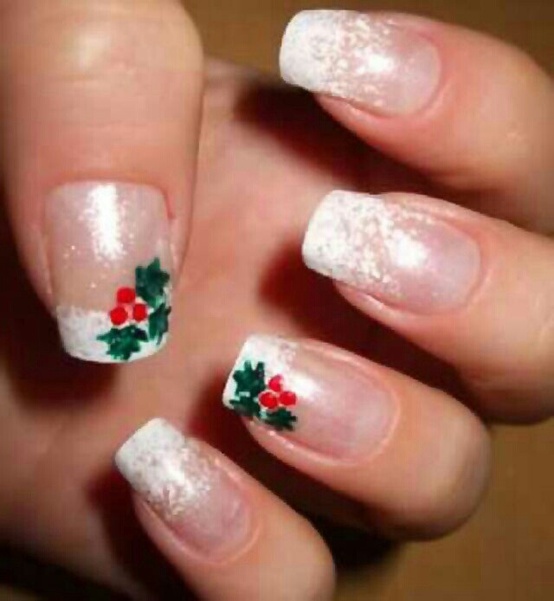 White Tip And Green Leafs With Cherry Christmas Nail Art