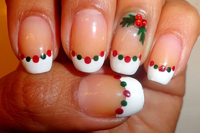 White Tip Nails With Green And Red Dots Christmas Nail Art