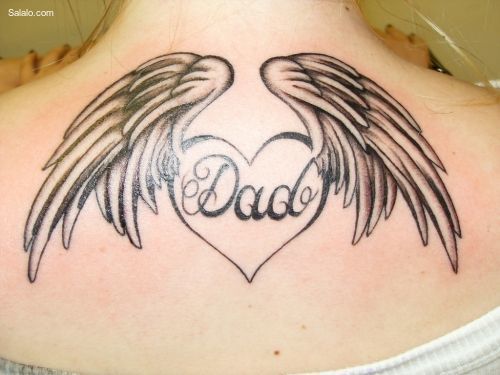 Winged Dad Heart Remembrance Tattoo On Upper Back