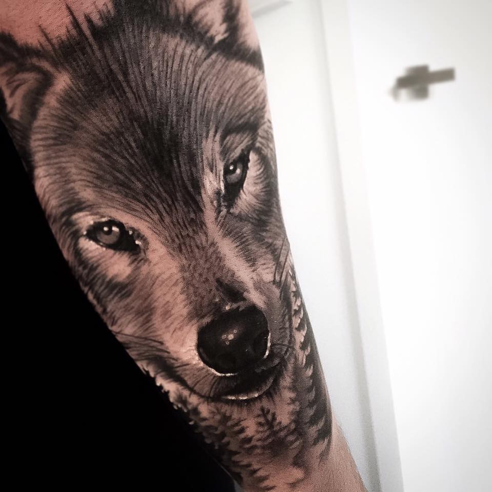 Wolf tattoo on arm by Levi Barnett