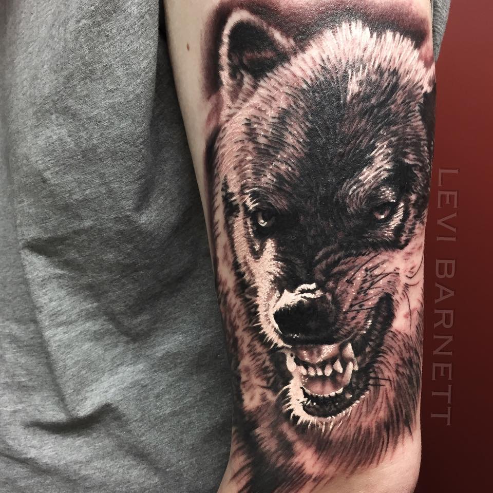Wolf tattoo on bicep by Levi Barnett
