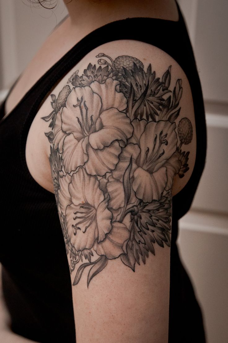 Wonderful Black And Grey Gladiolus Flower Tattoo For Girls