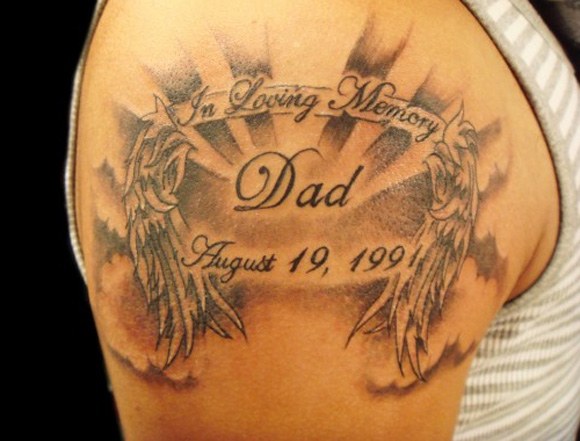 Wonderful Clouds And Rays Remembrance Tattoo For Dad On Right Shoulder