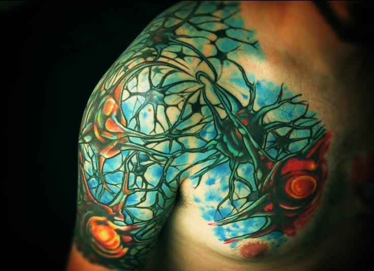 Wonderful Colored Neuron Cell Science Tattoo On Right Shoulder And Sleeve