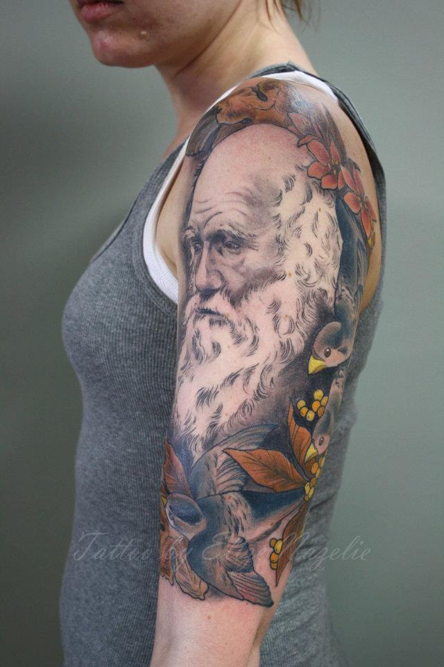 Wonderful Darwin Science Tattoo On Left Half Sleeve By Elize Nazelie