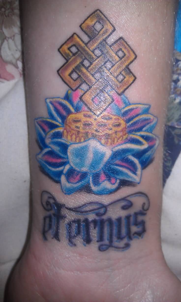 Wonderful Endless Knot With Lotus Flower Tattoo On Wrist