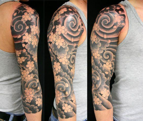Wonderful Flowers And Clouds Spiral Tattoo On Right Half Sleeve