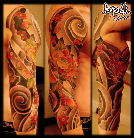 Wonderful Flowers Spiral Tattoo On Upper Arm For Men