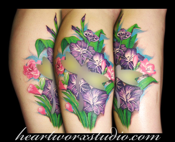 Wonderful Gladiolus Flowers And Dragonfly Tattoo