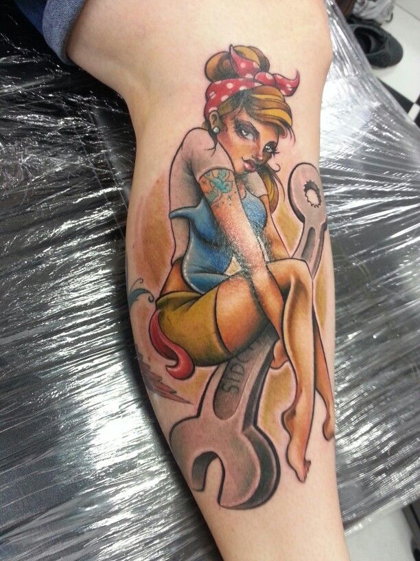 Wonderful Mechanic Pin Up Girl Tattoo On Leg By Ricky Carr