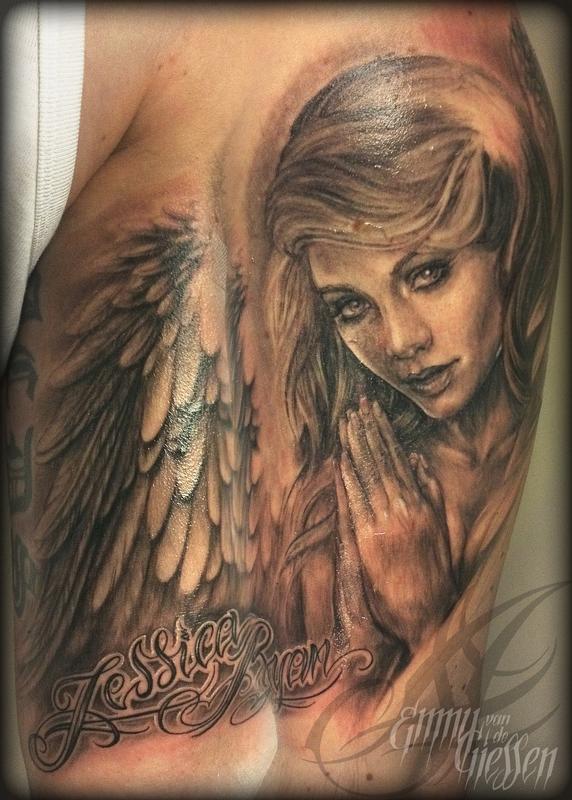 Wonderful Praying Angel With Name Tattoo