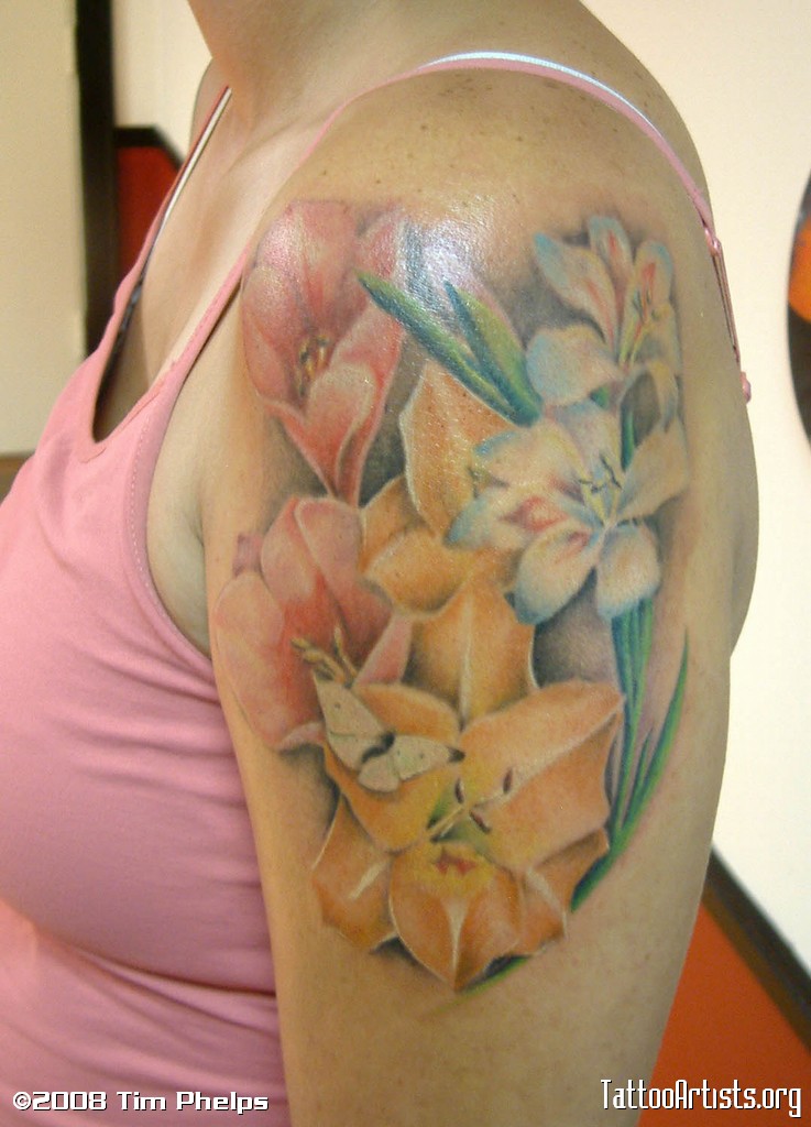 Wonderful Realistic Gladiolus Tattoo On Left Shoulder For Girls