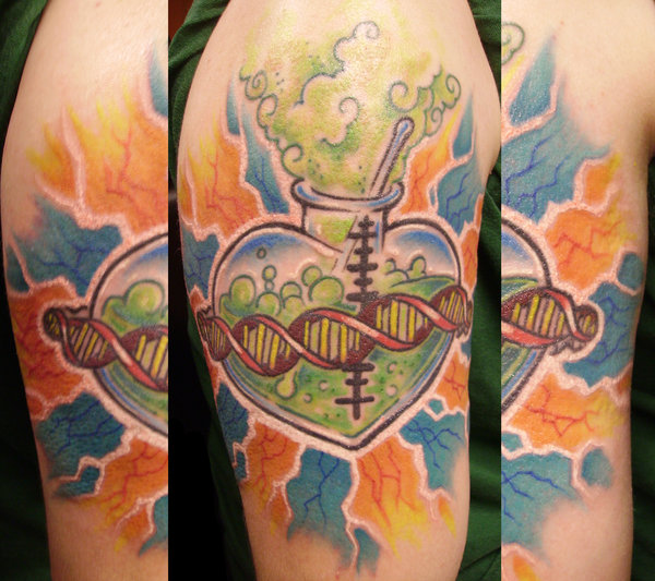 Wonderful Science Heart Tattoo On Right Half Sleeve