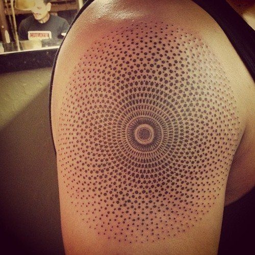 Wonderful Spiral Dotwork Round Tattoo On Right Shoulder