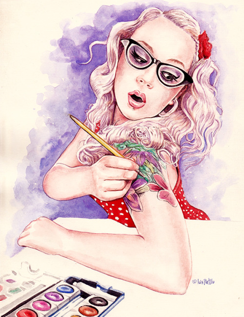 Wonderful Watercolor Pin Up Girl Painting Her Sleeve Tattoo