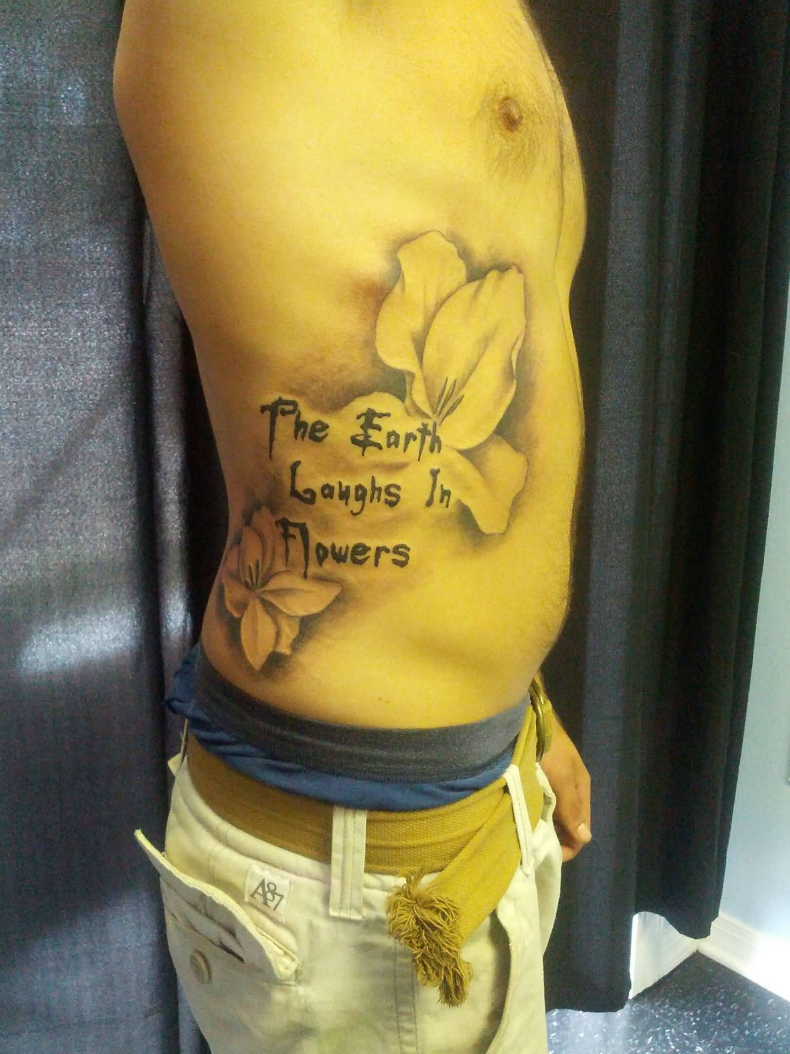 Wonderful Wording With Gladiolus Tattoo On Side Rib for Men