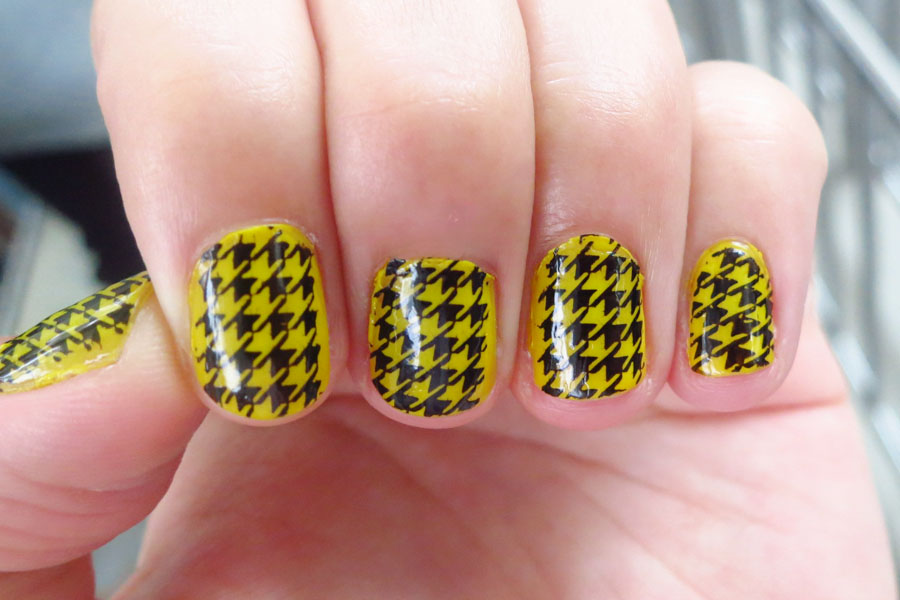Yellow And Black Houndstooth Nail Art Design
