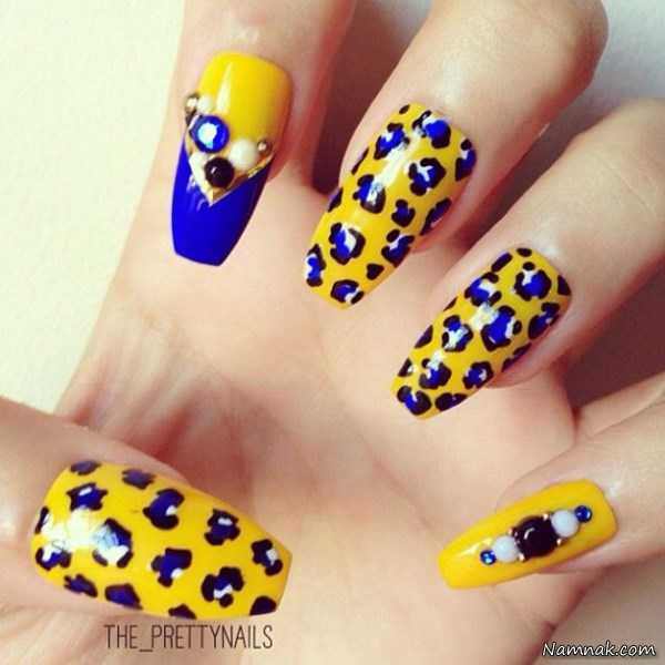 Yellow And Blue Leopard Print Design Nail Art