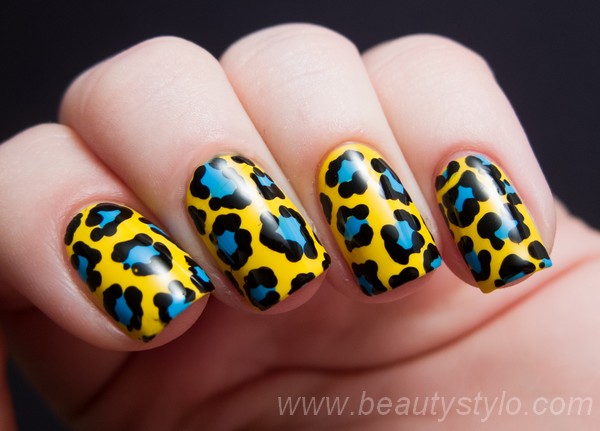 Yellow And Blue Leopard Print Nail Art