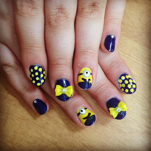 Yellow And Blue Minion And 3D Bow Nail Art