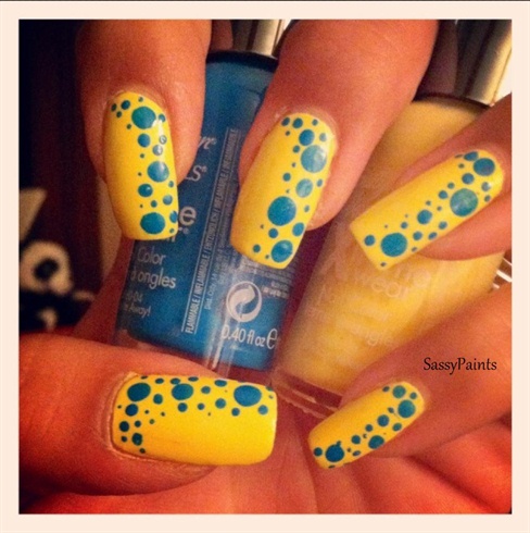 Yellow And Blue Polka Dots Nail Art Design Idea