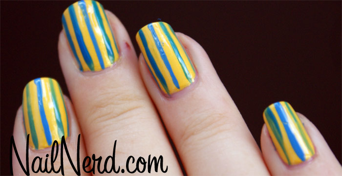 Yellow And Blue Stripes Design Nail Art