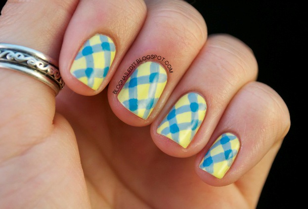 Yellow And Blue Stripes Plaid Design Nail Art