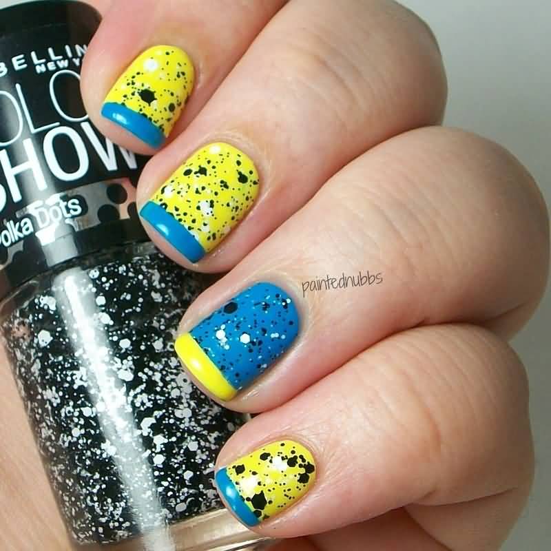 Yellow And Blue Tip And Color Splatter Design Nail Art Design