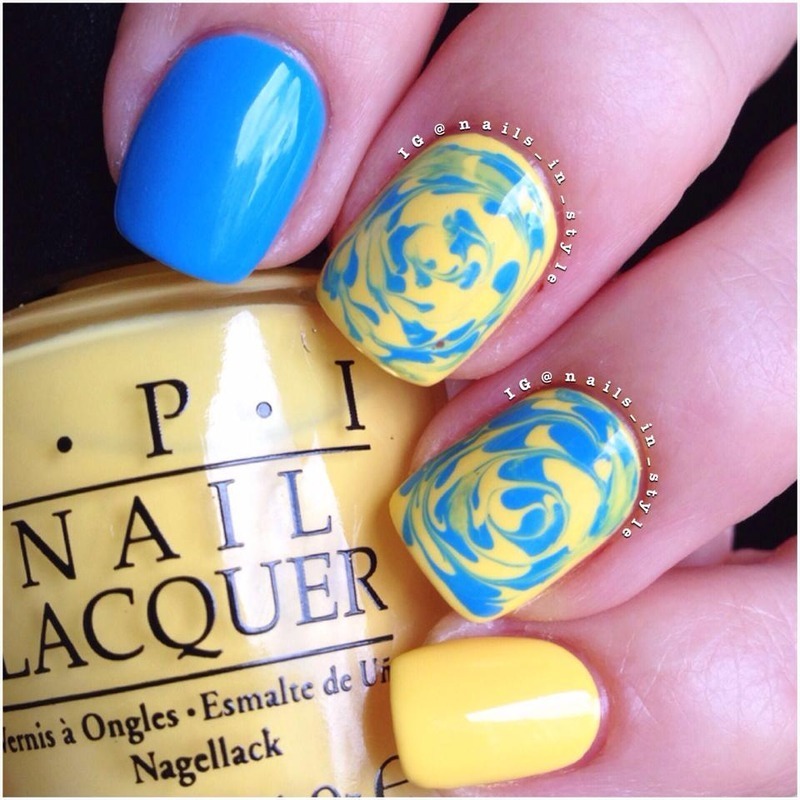 Yellow And Blue Water Marble Nail Art